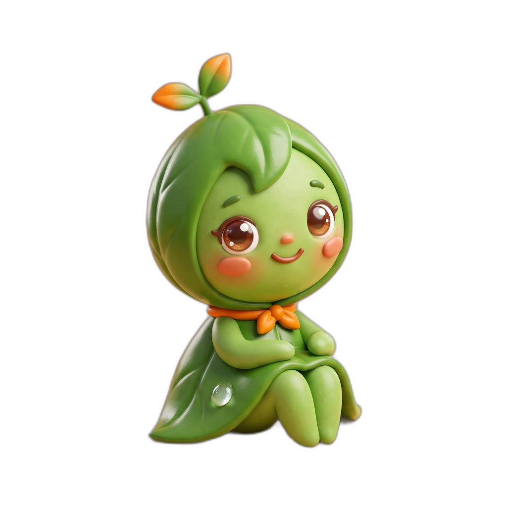 Leaflette, the Clementime guide: a small green leaf character with an orange sprout and neckerchief, sitting with her legs tucked to one side