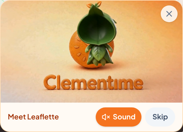 Leaflette's introduction card: the Clementime mark, with Sound and Skip controls.