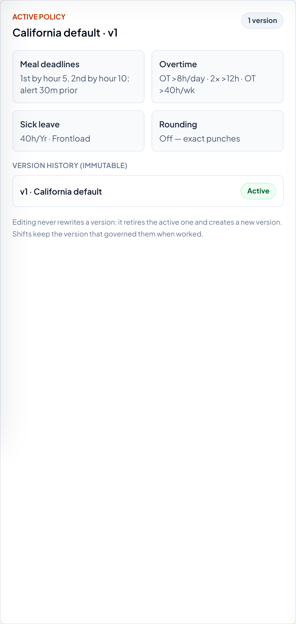 The active policy card for California default v1: meal deadlines, overtime thresholds, sick leave and rounding, with an immutable version history beneath.
