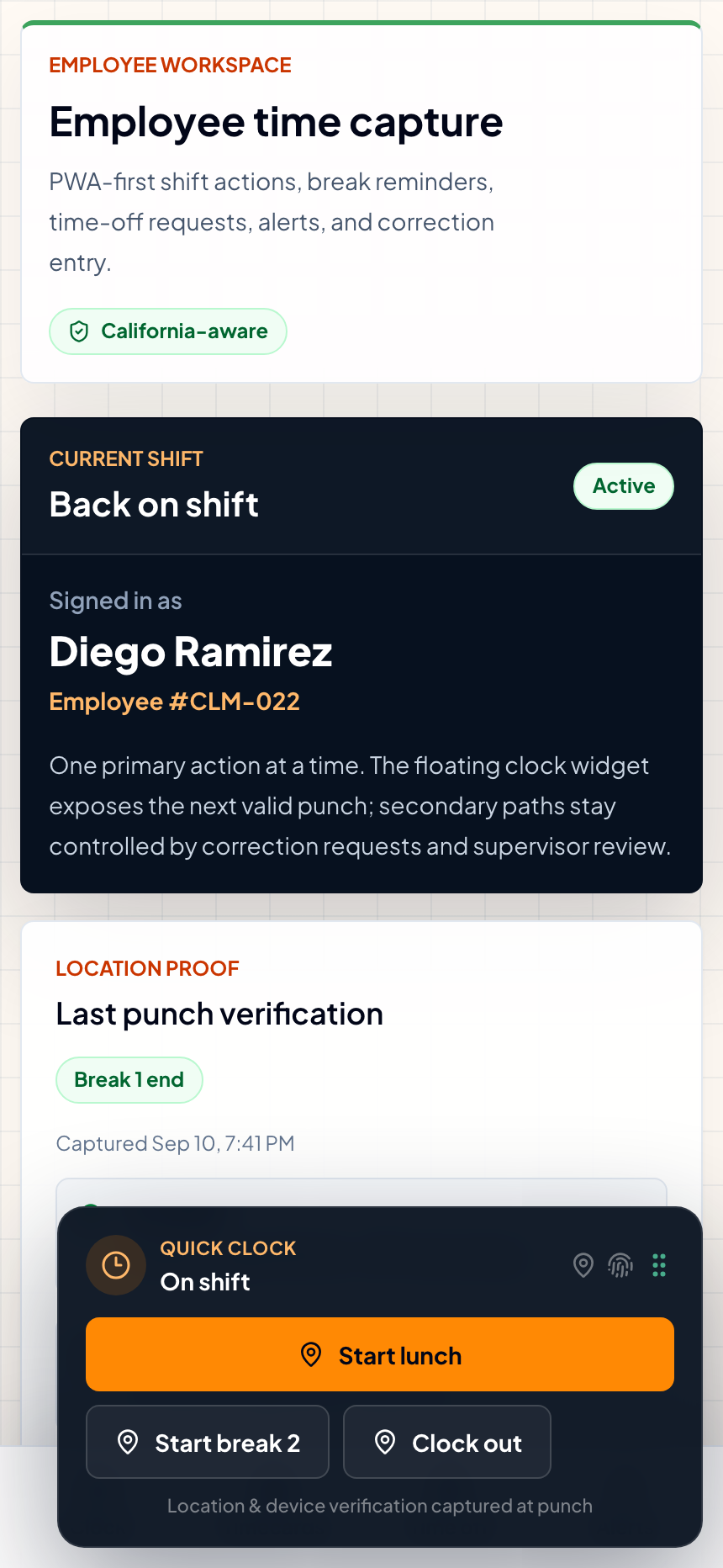The employee clock at phone width: the current shift card and the quick-clock widget offering the one next valid action.
