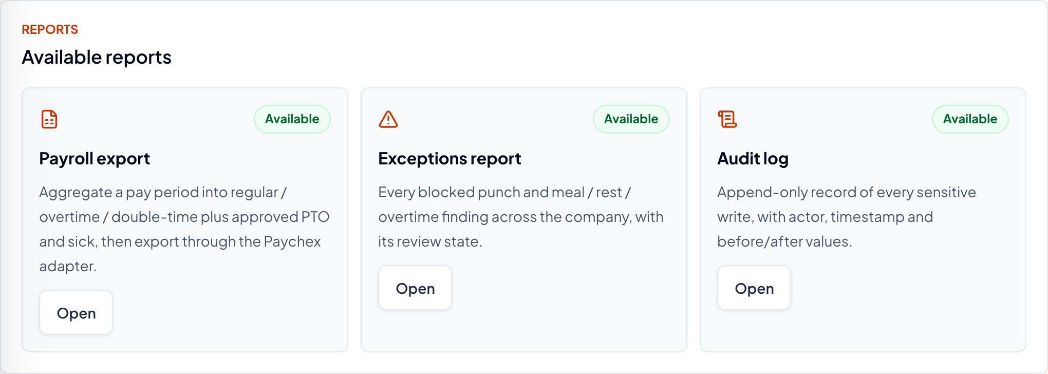 The Reports screen listing the typed reports available to run.