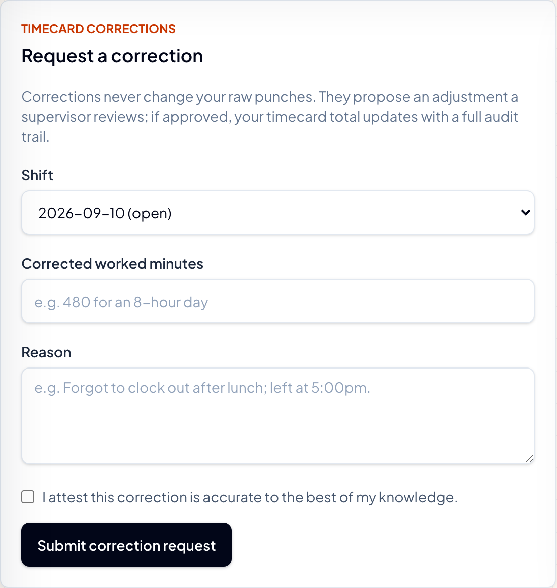 The employee's correction request form: pick the shift, state what was wrong, and submit it for supervisor review.